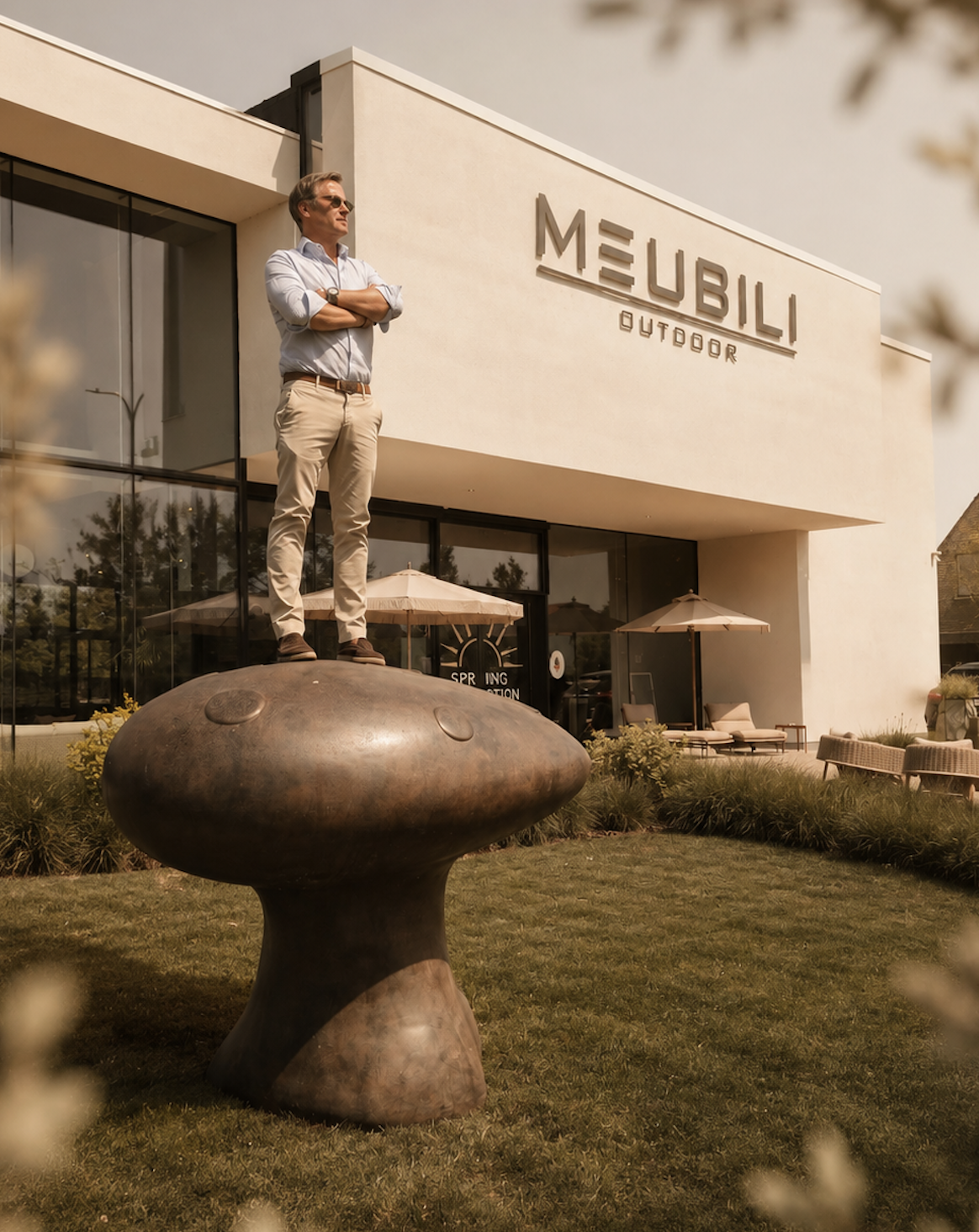 David Debussere op een bronzen Love Mushroom sculptuur voor de Meubili Outdoor showroom.