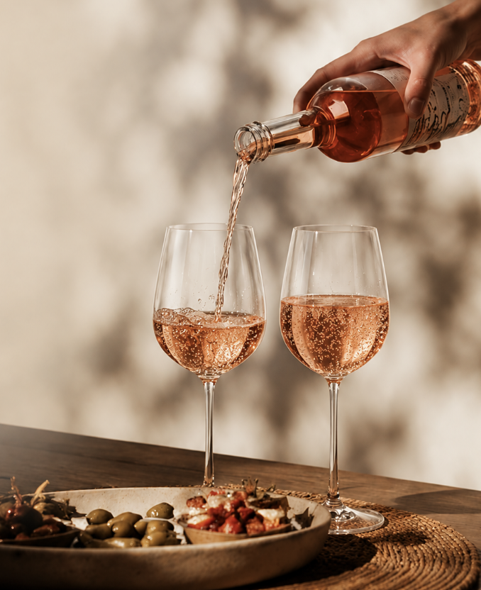 Rosé wordt ingeschonken naast een schaal olijven en verfijnde bites.